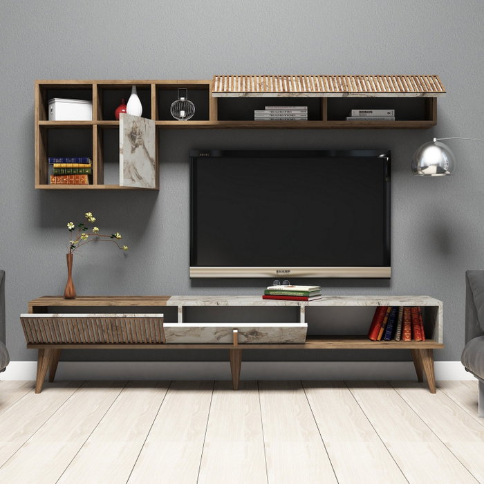 Hanah Home Milan - Unidad de TV Nogal y Blanco con Estanterías Hanah Home Milan - Unidad de TV Nogal y Blanco con Estanterías